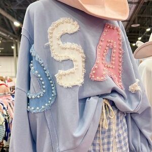 Peach Love California USA Patch & Pearl Long Sleeve Top Oversized